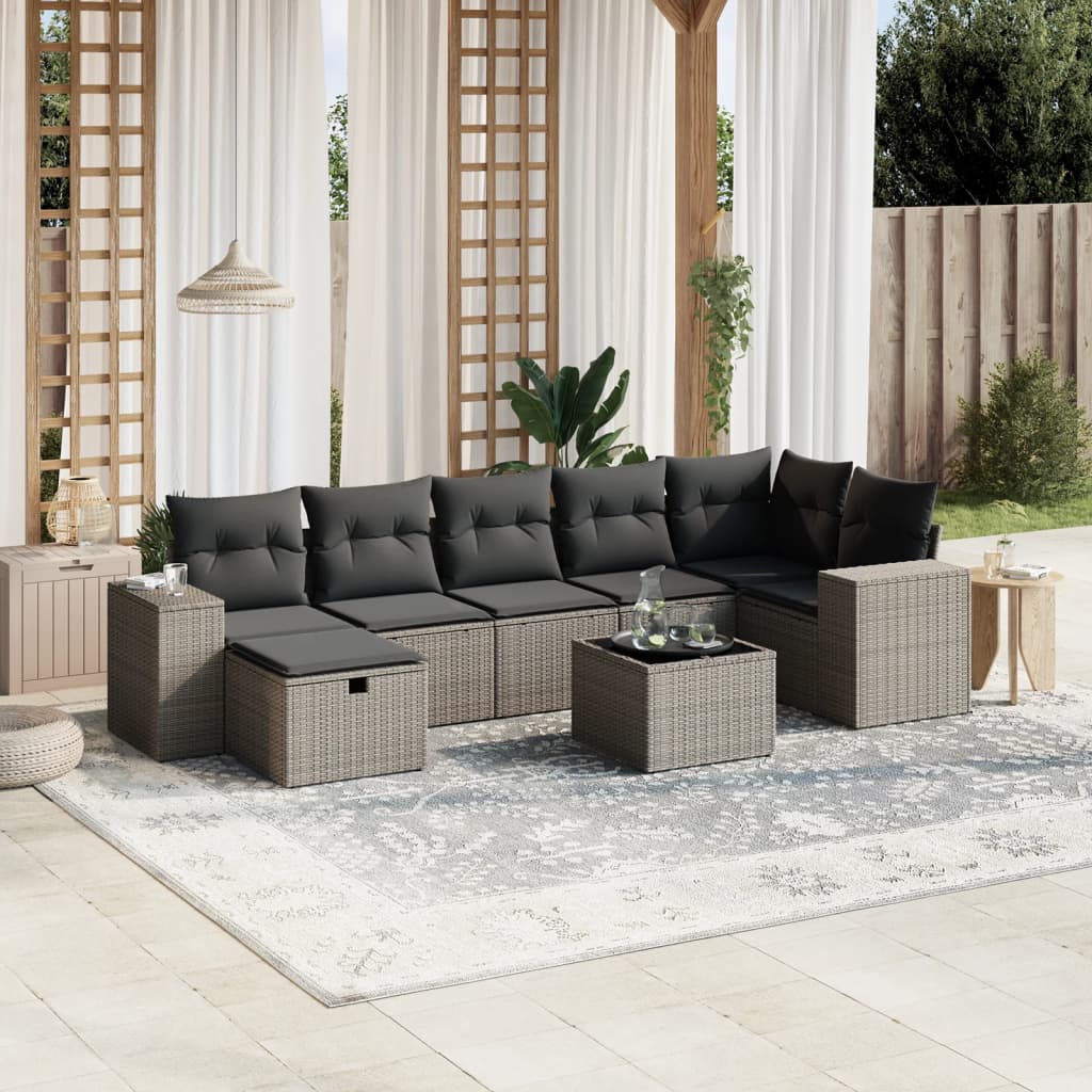 vidaXL 8-tlg. Garten-Sofagarnitur mit Kissen Hellgrau Poly Rattan