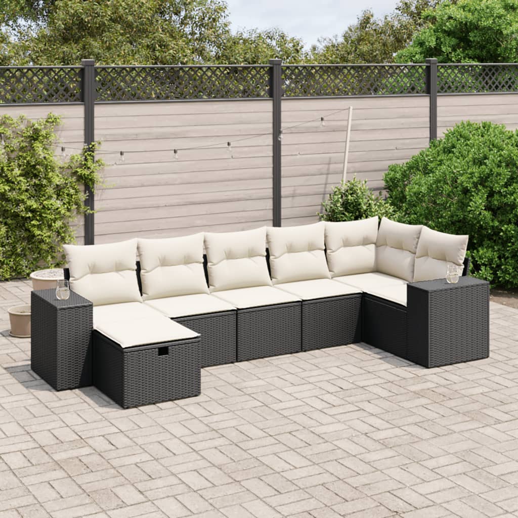 vidaXL 7-tlg. Garten-Sofagarnitur mit Kissen Schwarz Poly Rattan