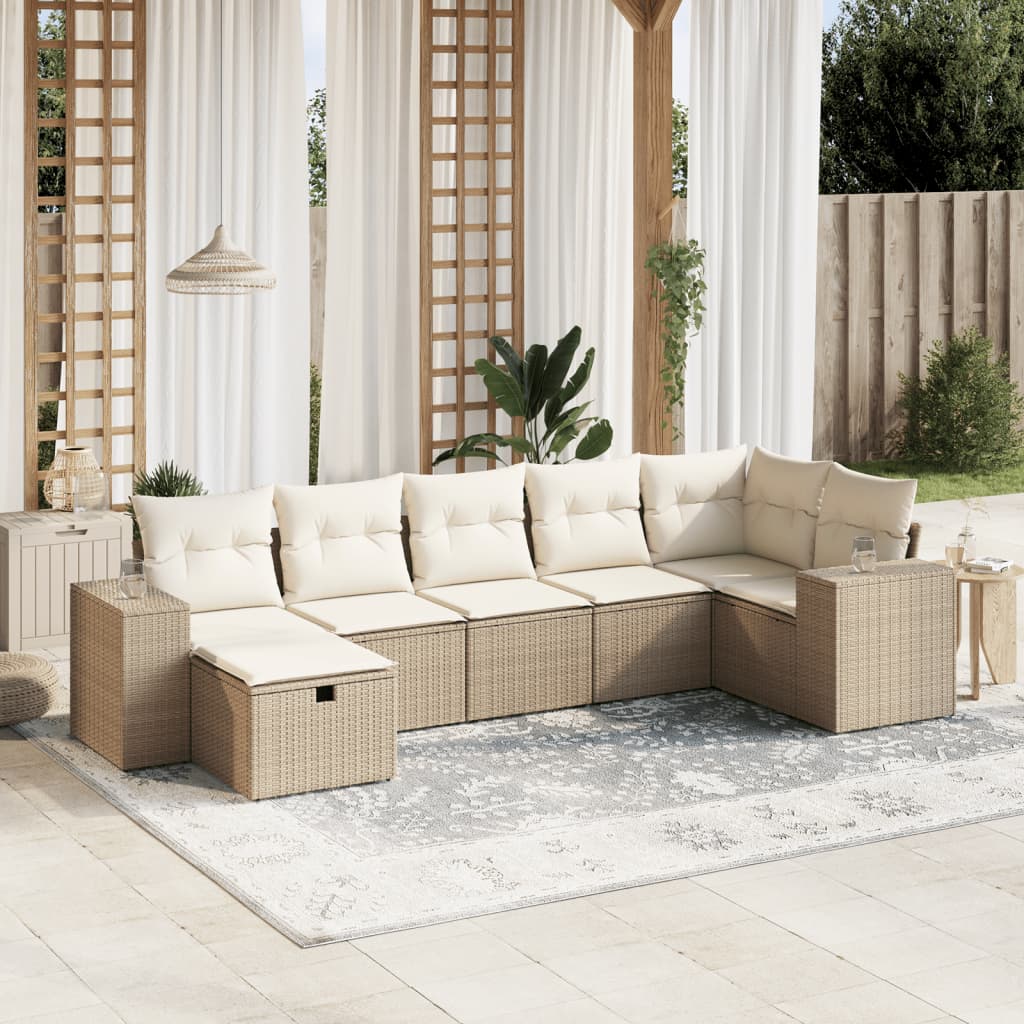 vidaXL 7-tlg. Garten-Sofagarnitur mit Kissen Beige Poly Rattan