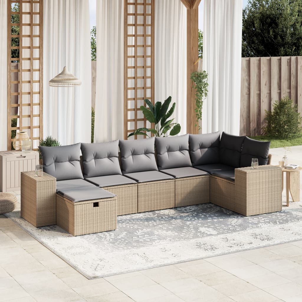 vidaXL 7-tlg. Garten-Sofagarnitur mit Kissen Beige Poly Rattan