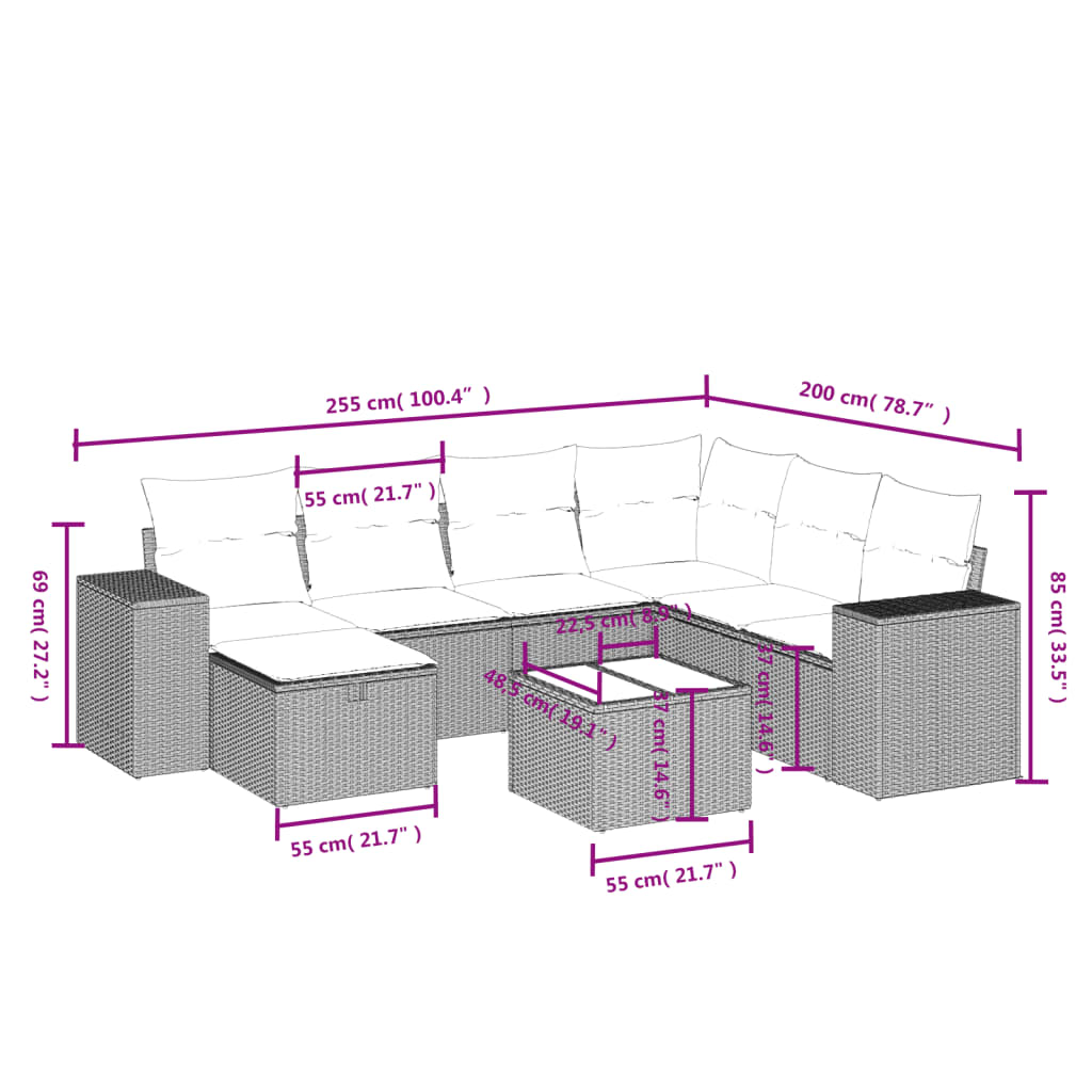 Set mobilier de grădină cu perne, 8 piese, negru, poliratan 3264462 - imagine 4