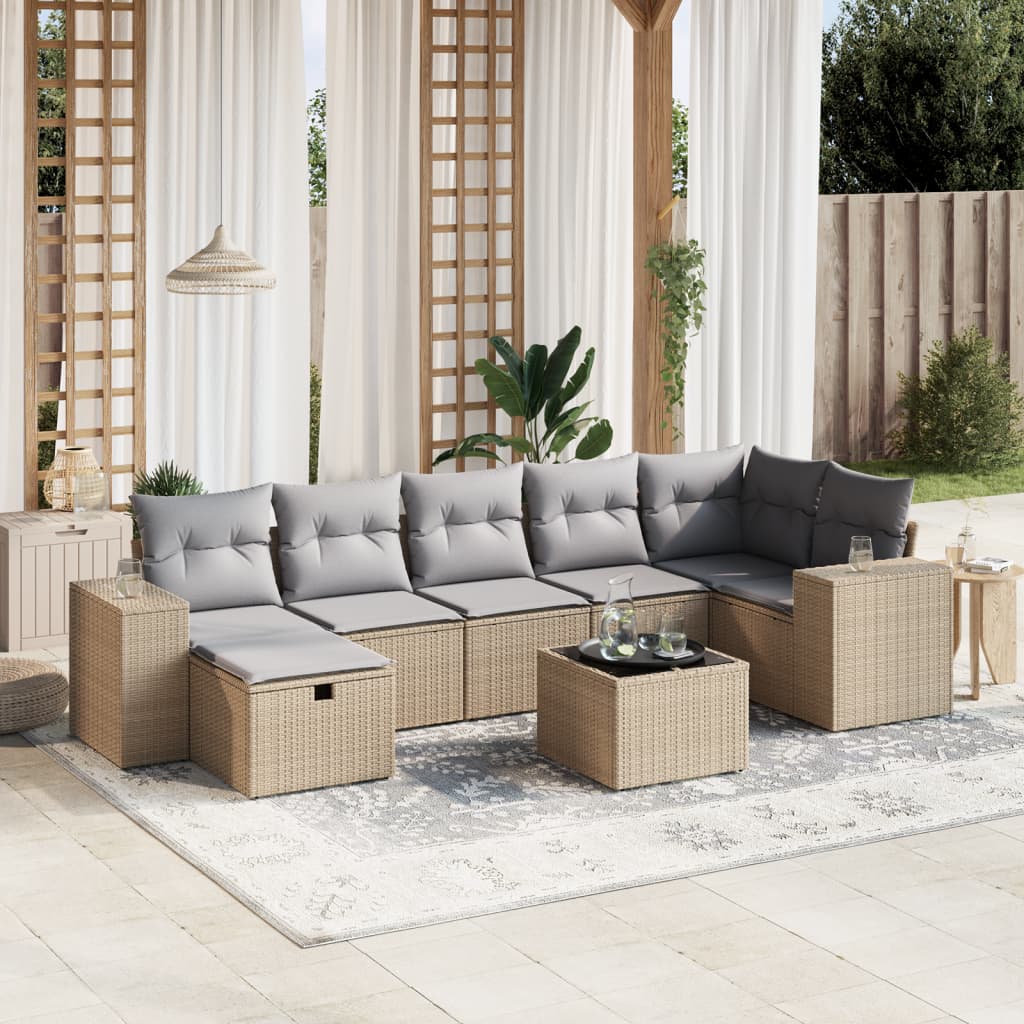 8-tlg. Garten-Sofagarnitur mit Kissen Beige Poly Rattan