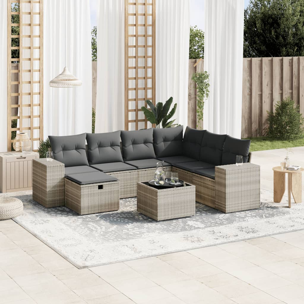 8-tlg. Garten-Sofagarnitur mit Kissen Hellgrau Poly Rattan