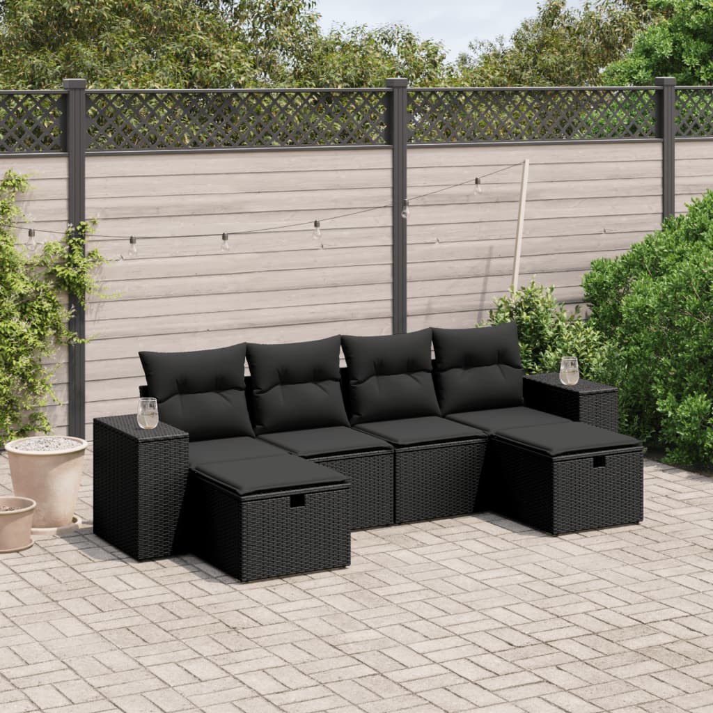 6-tlg. Garten-Sofagarnitur mit Kissen Schwarz Poly Rattan