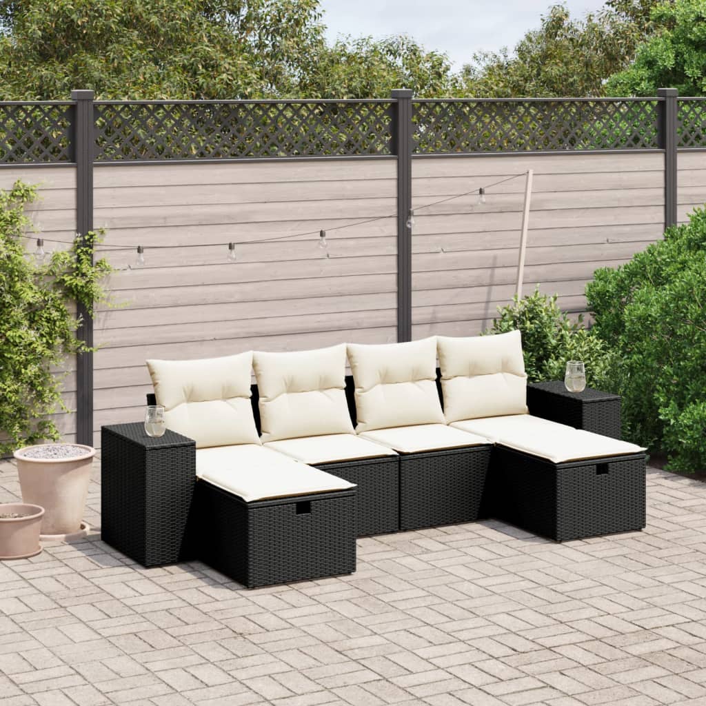 6-tlg. Garten-Sofagarnitur mit Kissen Schwarz Poly Rattan