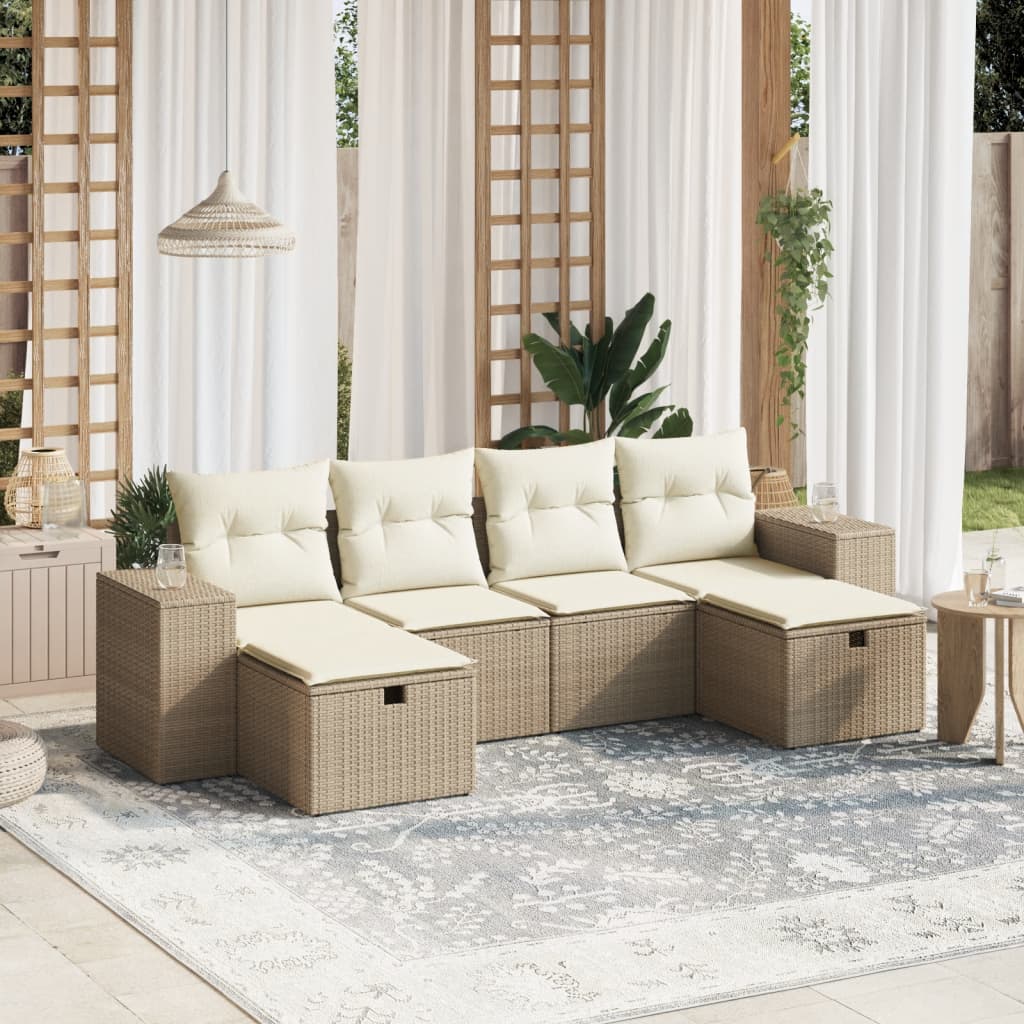 6-tlg. Garten-Sofagarnitur mit Kissen Beige Poly Rattan