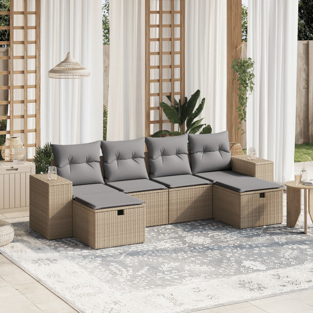 vidaXL 6-tlg. Garten-Sofagarnitur mit Kissen Beige Poly Rattan