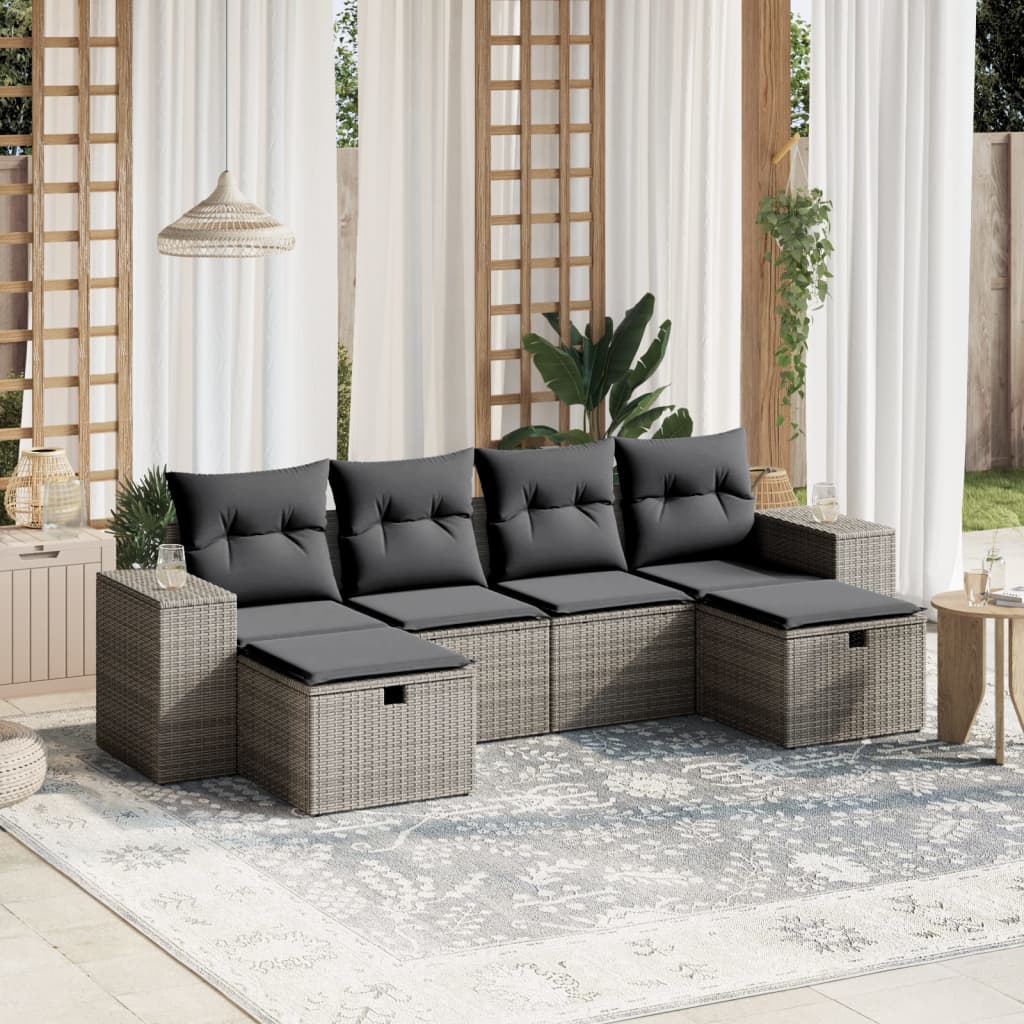 vidaXL 6-tlg. Garten-Sofagarnitur mit Kissen Grau Poly Rattan