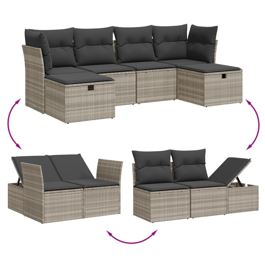 vidaXL 6-delige Loungeset met kussens poly rattan lichtgrijs afbeelding