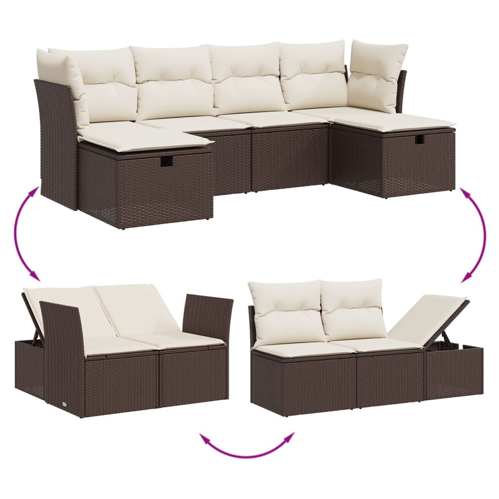 vidaXL 6-delige Loungeset met kussens poly rattan bruin