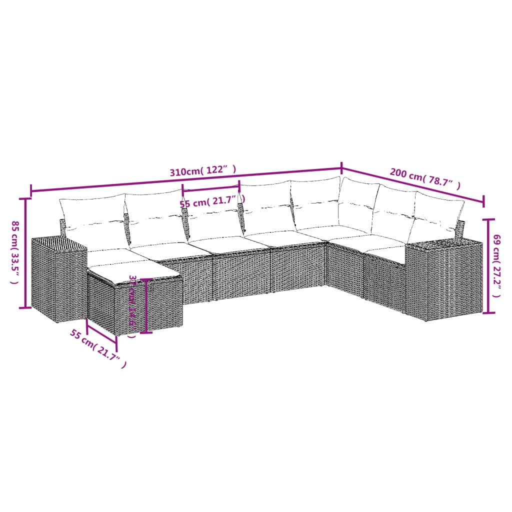 Set mobilier de grădină cu perne, 8 piese, negru, poliratan 3264512 - imagine 4