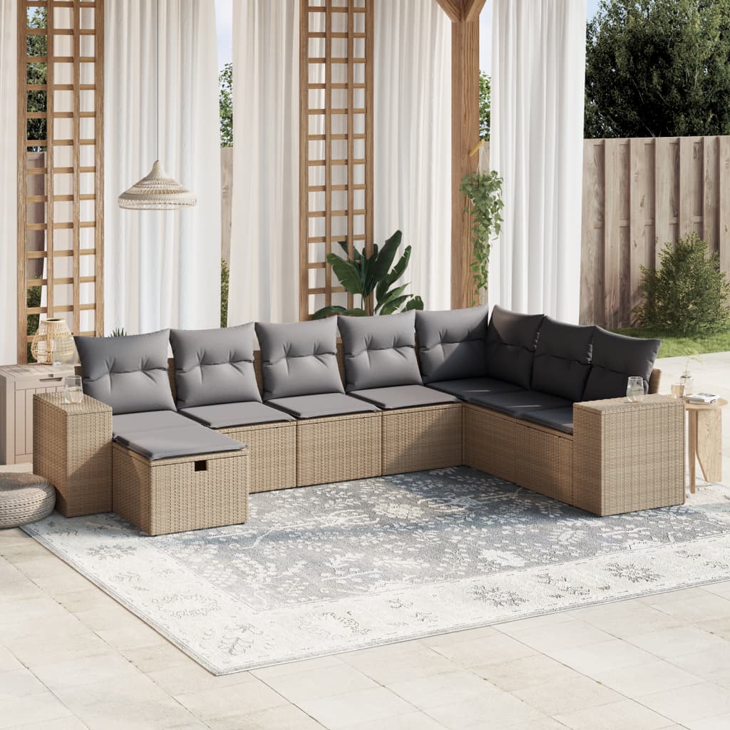 vidaXL 8 pcs conj. sofás jardim c/ almofadões vime PE bege misturado