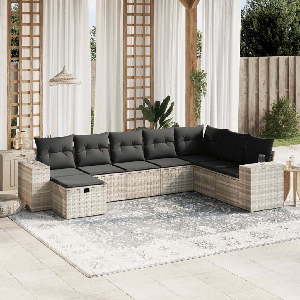 vidaXL 8-tlg. Garten-Sofagarnitur mit Kissen Hellgrau Poly Rattan