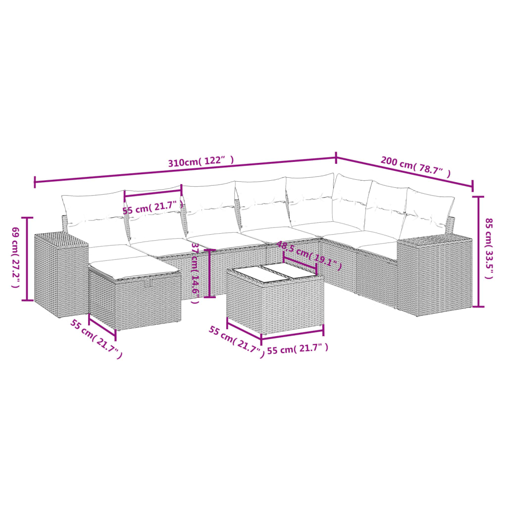 Set mobilier de grădină cu perne, 9 piese, negru, poliratan 3264522 - imagine 4