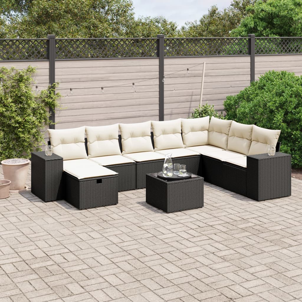 9-tlg. Garten-Sofagarnitur mit Kissen Schwarz Poly Rattan