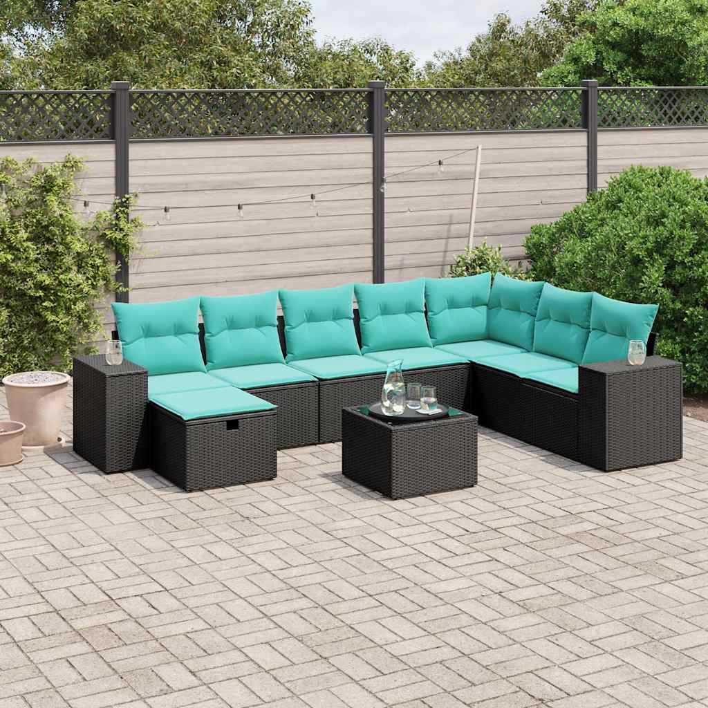 9 Piece Patio Sofa Set with Cushions Black Poly Rattan