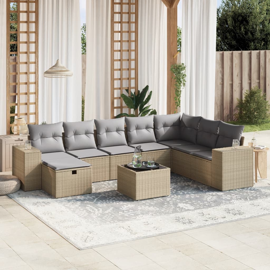 9-tlg. Garten-Sofagarnitur mit Kissen Beige Poly Rattan