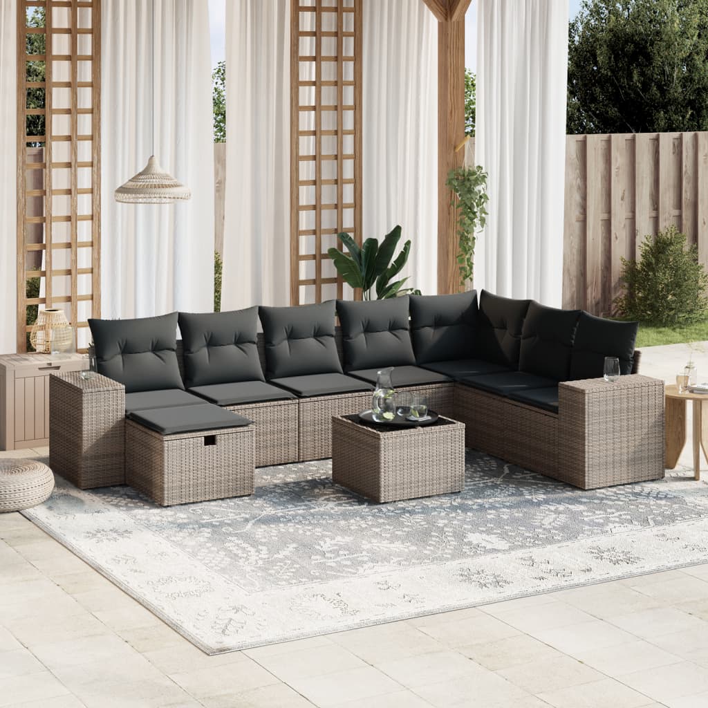 vidaXL 9-tlg. Garten-Sofagarnitur mit Kissen Grau Poly Rattan