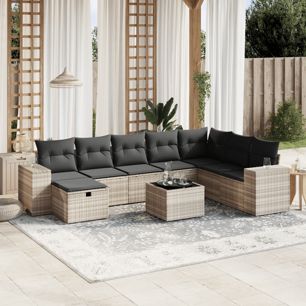 9-tlg. Garten-Sofagarnitur mit Kissen Hellgrau Poly Rattan