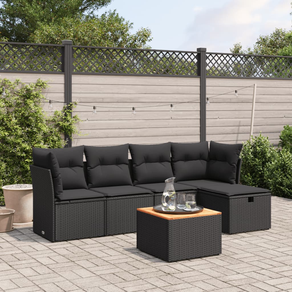 vidaXL 6-tlg. Garten-Sofagarnitur mit Kissen Schwarz Poly Rattan