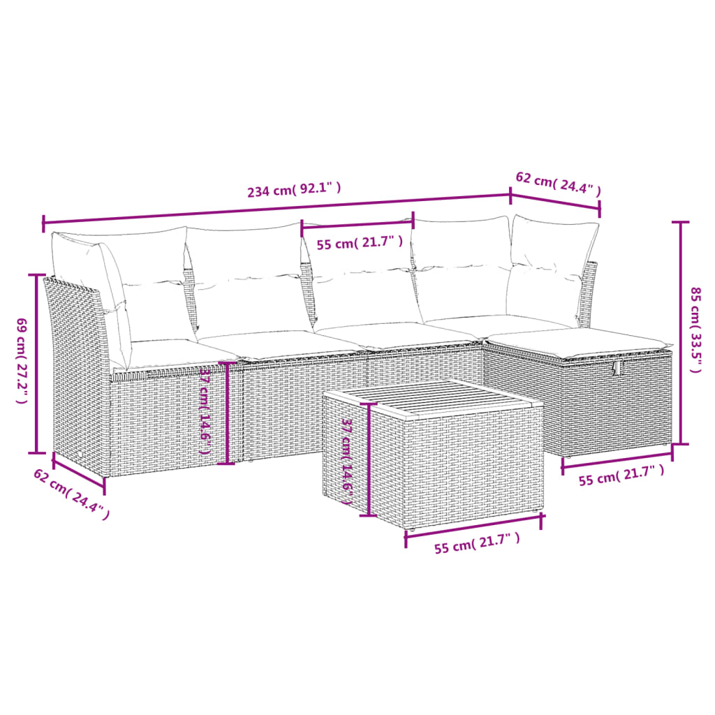 Set mobilier de grădină cu perne, 6 piese, negru, poliratan 3264710 - imagine 4