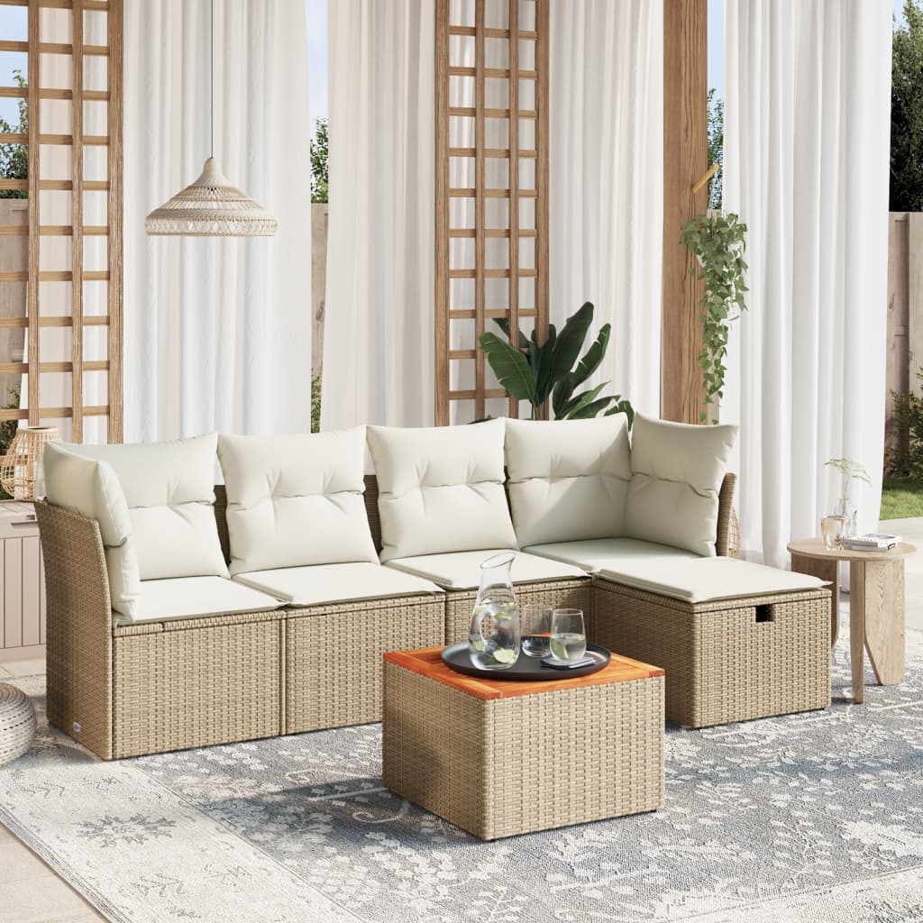 vidaXL 6-tlg. Garten-Sofagarnitur mit Kissen Beige Poly Rattan