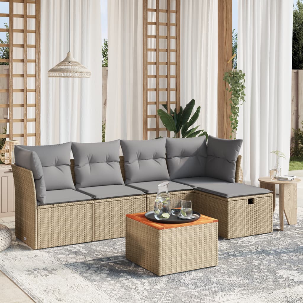 vidaXL 6-tlg. Garten-Sofagarnitur mit Kissen Beige Poly Rattan