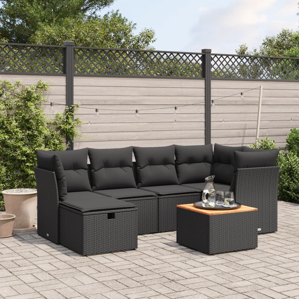 vidaXL 7-tlg. Garten-Sofagarnitur mit Kissen Schwarz Poly Rattan