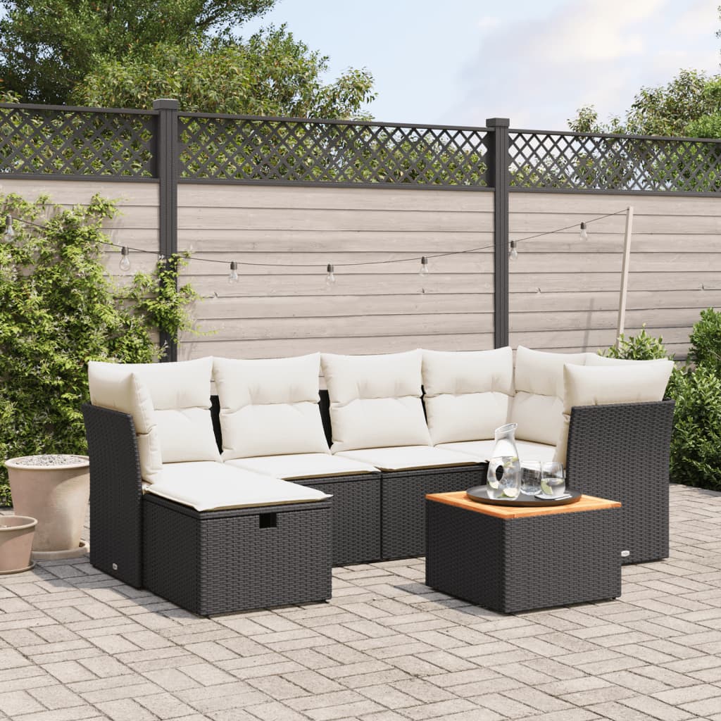 vidaXL 7-tlg. Garten-Sofagarnitur mit Kissen Schwarz Poly Rattan