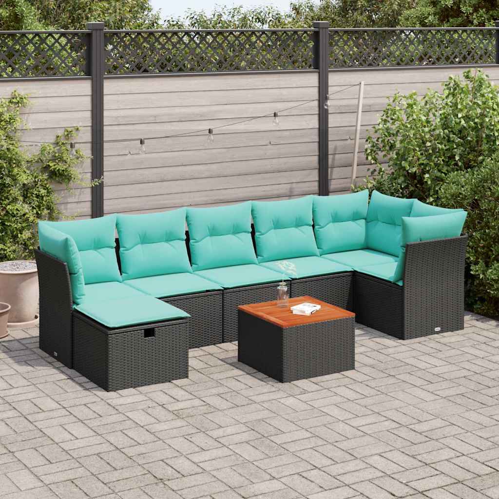 Havesofasæt i polyrattan med hynder - sort/blå, 8 dele