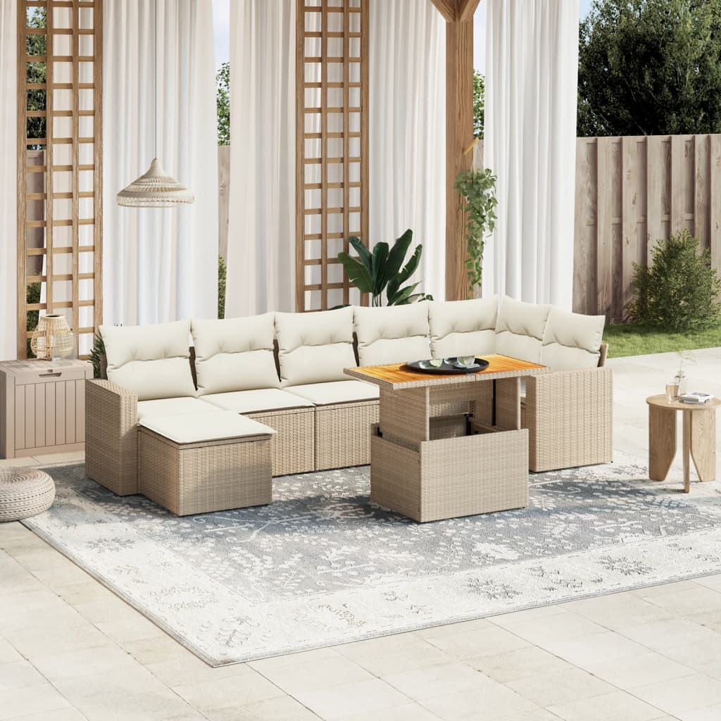 vidaXL 8-tlg. Garten-Sofagarnitur mit Kissen Beige Poly Rattan