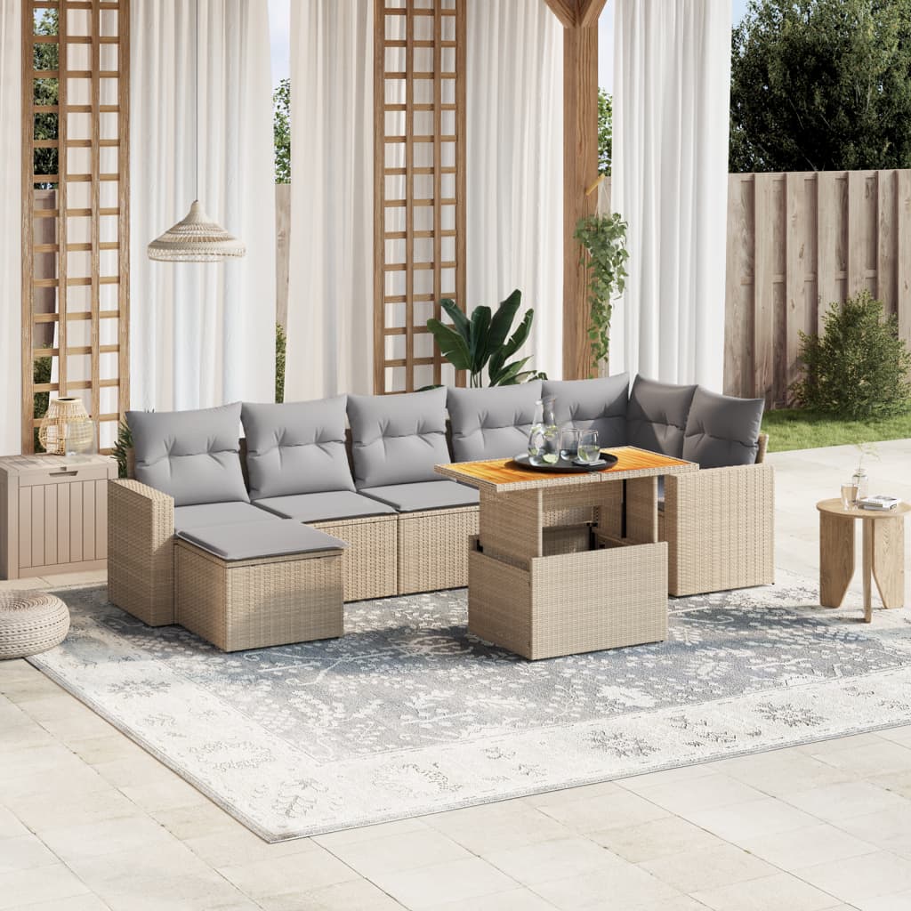 vidaXL 8-tlg. Garten-Sofagarnitur mit Kissen Beige Poly Rattan