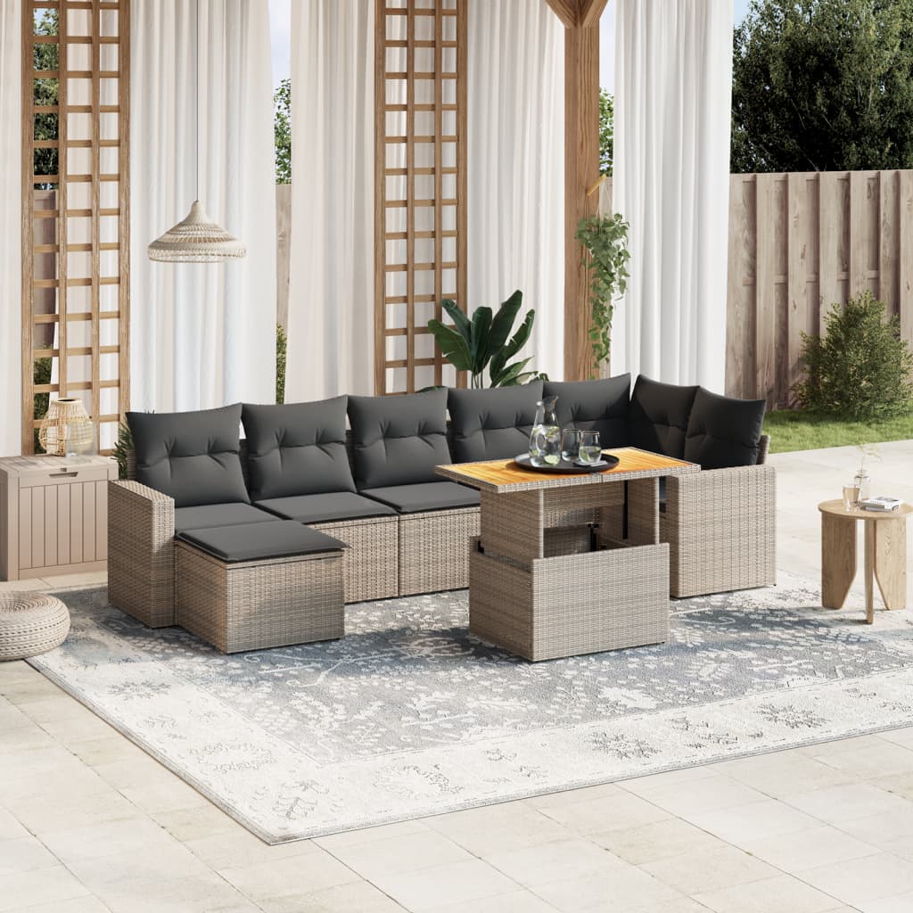 8-tlg. Garten-Sofagarnitur mit Kissen Grau Poly Rattan