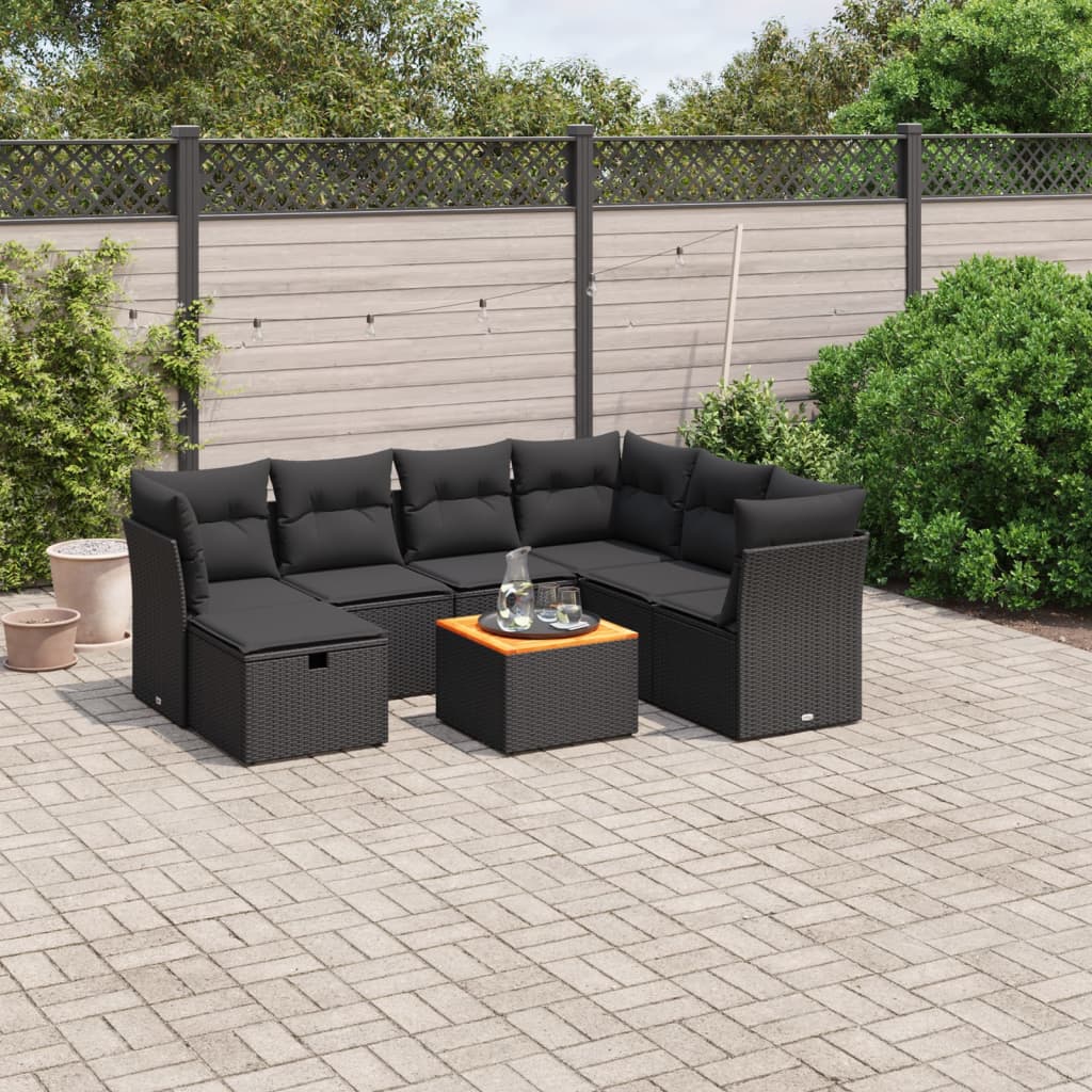 8-tlg. Garten-Sofagarnitur mit Kissen Schwarz Poly Rattan