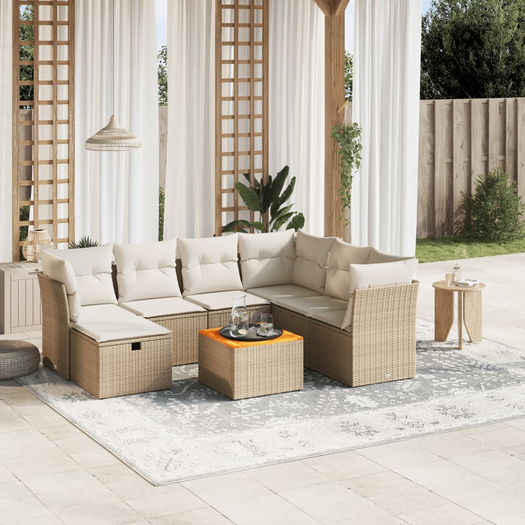 8-tlg. Garten-Sofagarnitur mit Kissen Beige Poly Rattan