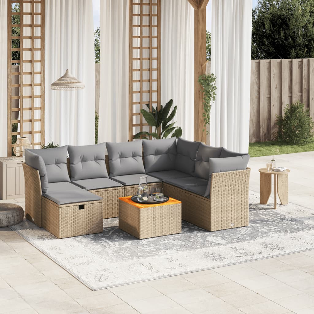 vidaXL 8-tlg. Garten-Sofagarnitur mit Kissen Beige Poly Rattan