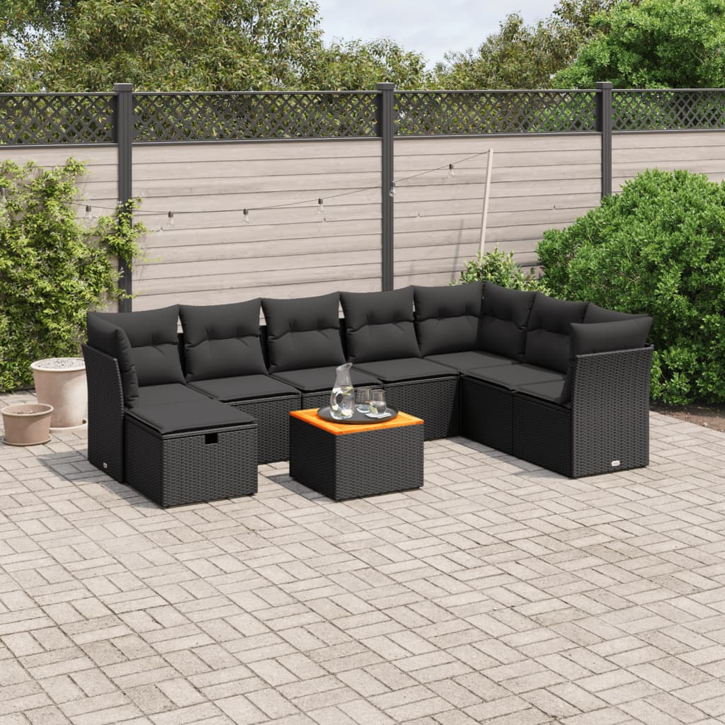 vidaXL 9-tlg. Garten-Sofagarnitur mit Kissen Schwarz Poly Rattan