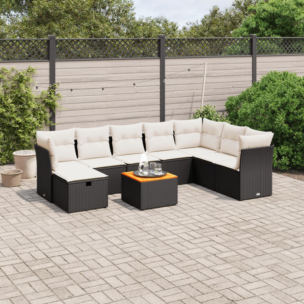 vidaXL 9-tlg. Garten-Sofagarnitur mit Kissen Schwarz Poly Rattan