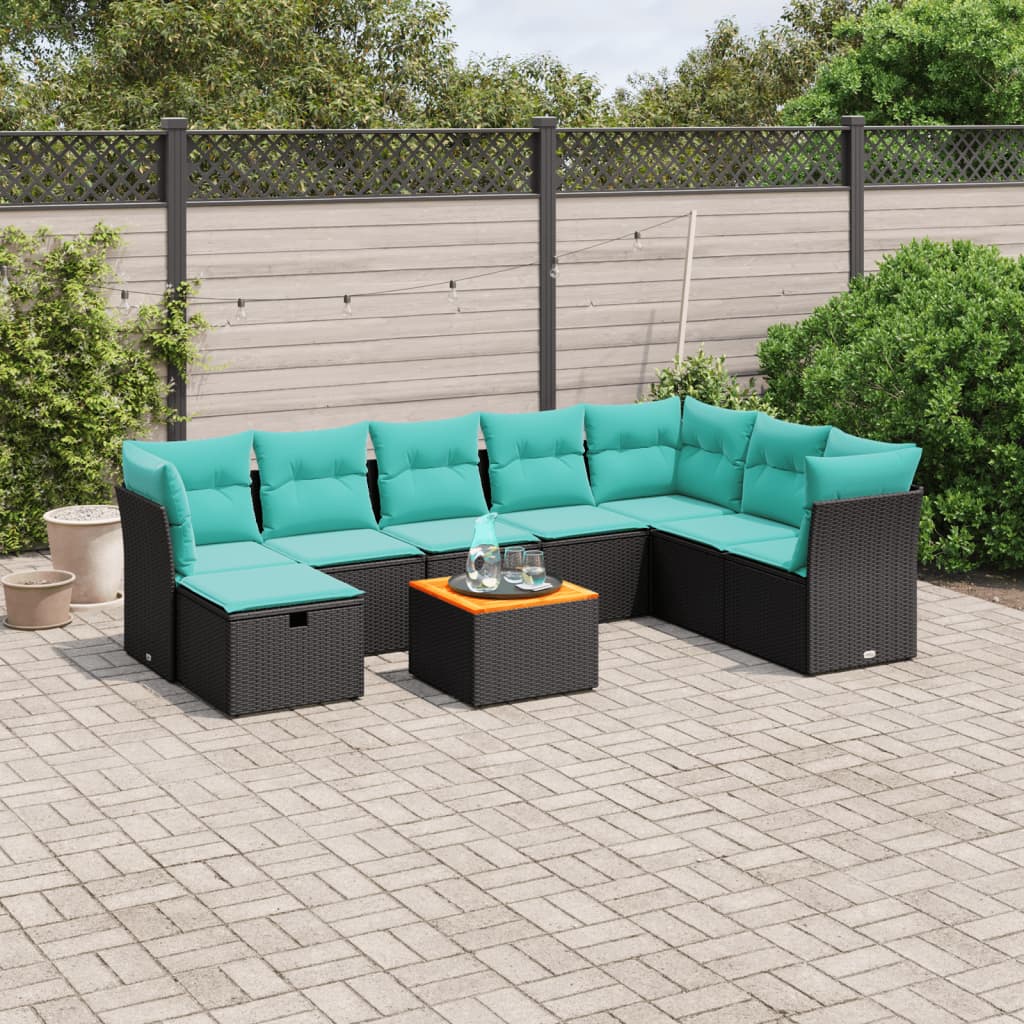 9 Piece Patio Sofa Set with Cushions Black Poly Rattan