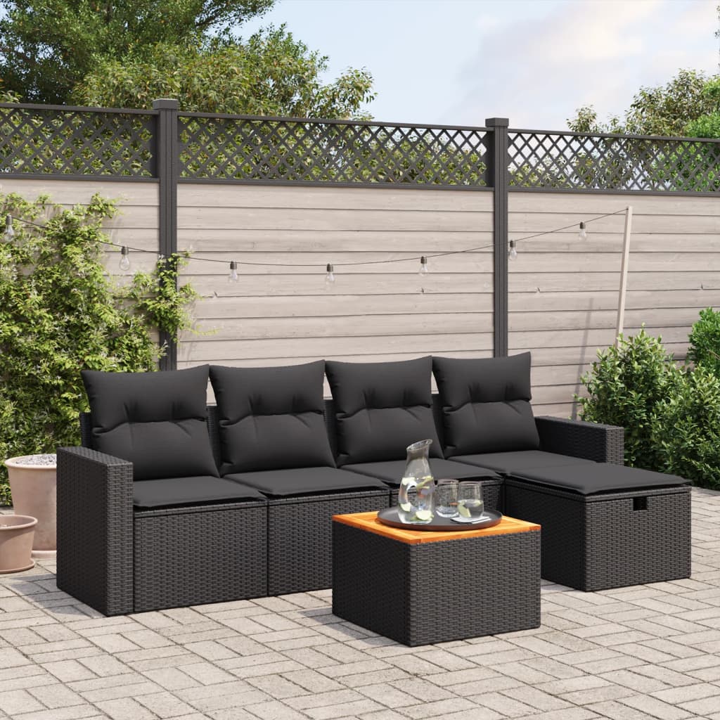 vidaXL 6-tlg. Garten-Sofagarnitur mit Kissen Schwarz Poly Rattan