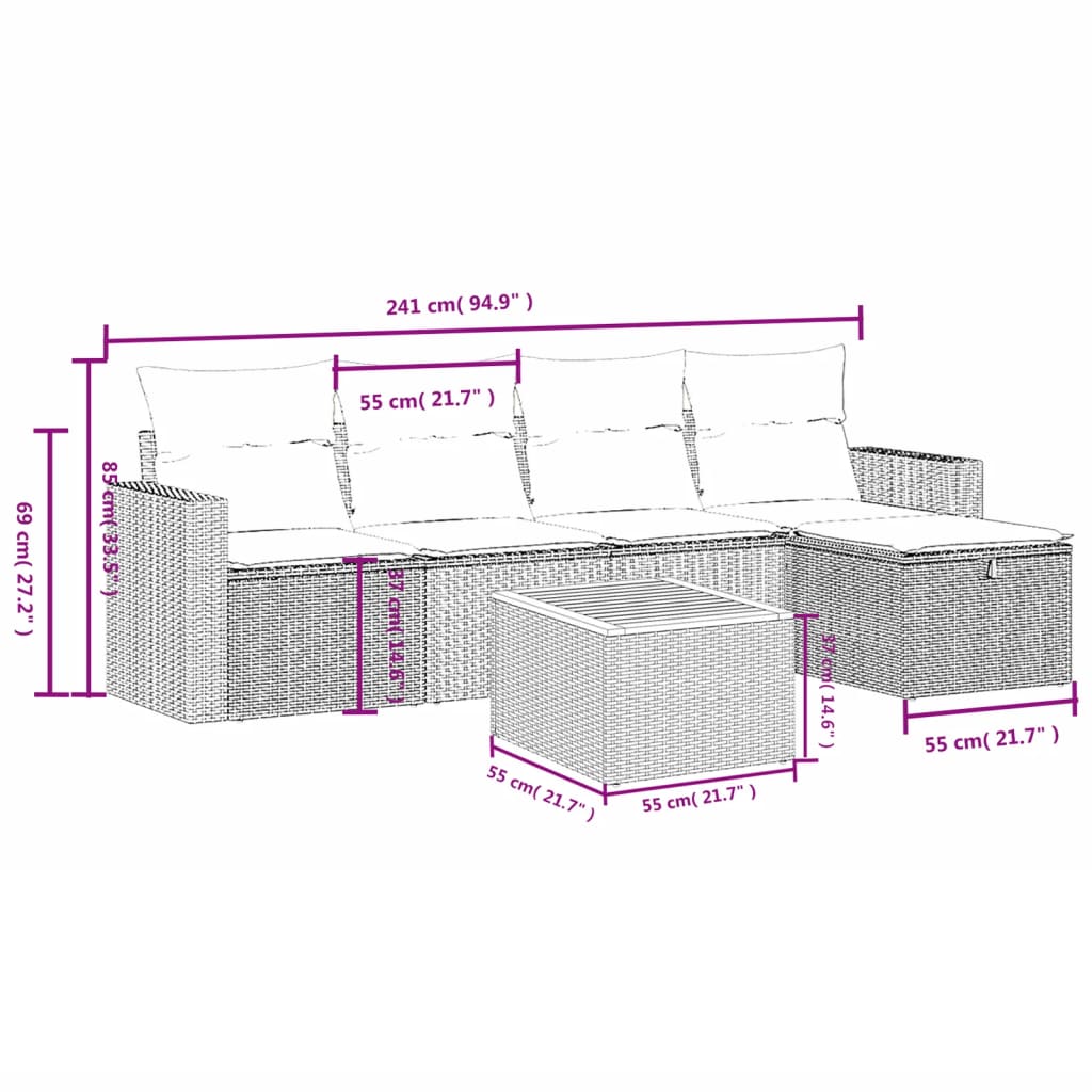 Set mobilier de grădină cu perne, 6 piese, negru, poliratan 3264829 - imagine 4