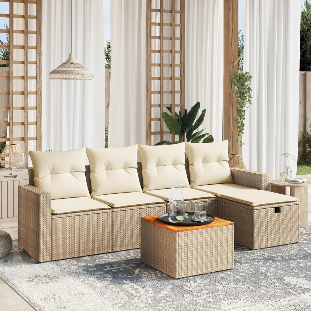 vidaXL 6-tlg. Garten-Sofagarnitur mit Kissen Beige Poly Rattan