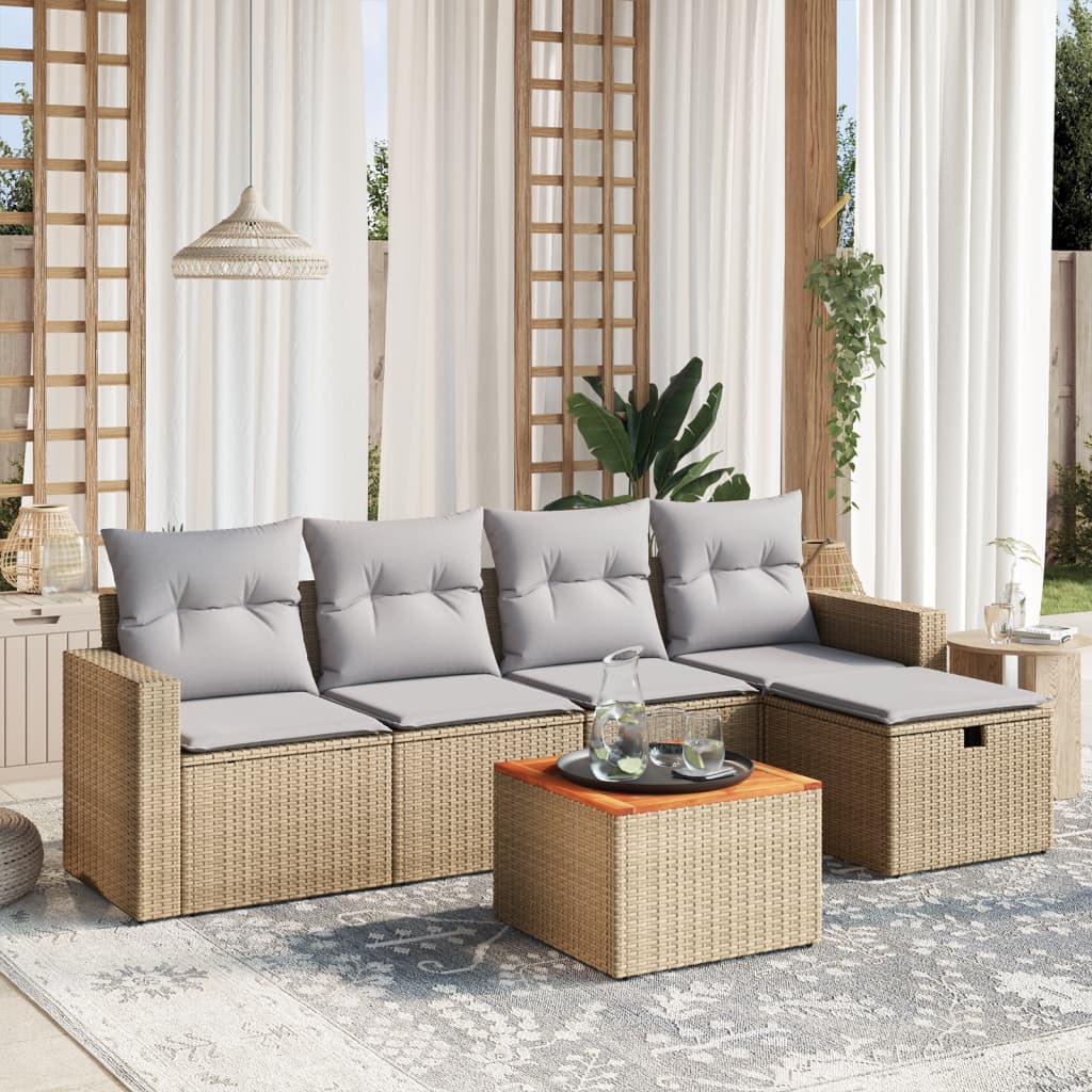 vidaXL 6-tlg. Garten-Sofagarnitur mit Kissen Beige Poly Rattan