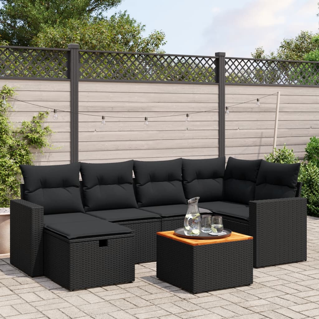 vidaXL 7-tlg. Garten-Sofagarnitur mit Kissen Schwarz Poly Rattan