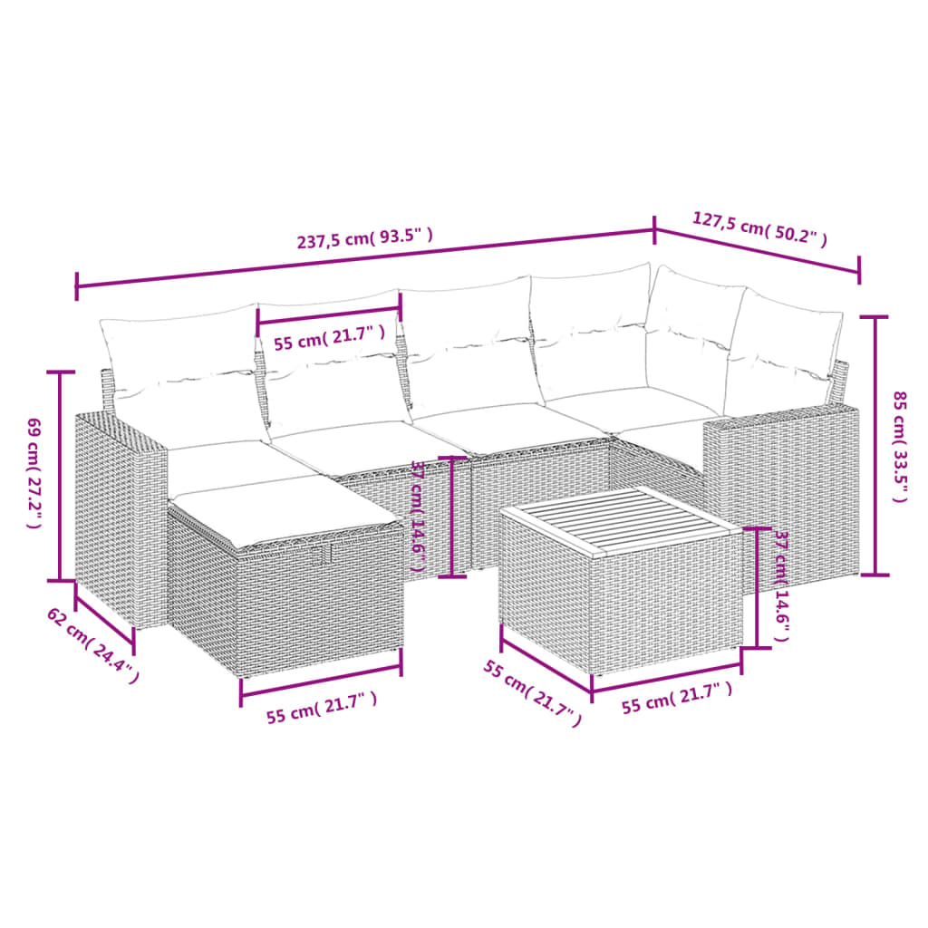 Set canapele de grădină cu perne, 7 piese, negru, poliratan 3264836 - imagine 4