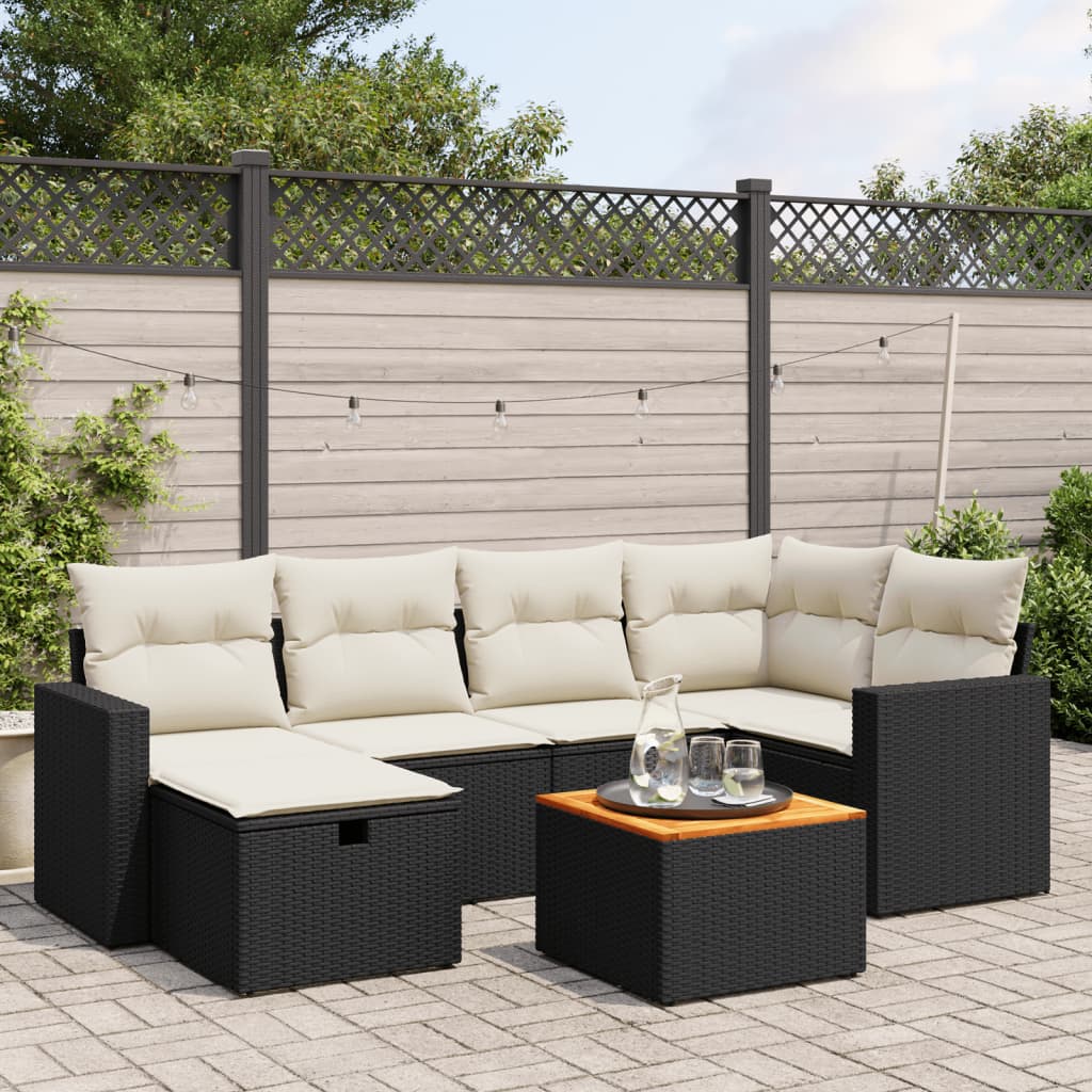 vidaXL 7-tlg. Garten-Sofagarnitur mit Kissen Schwarz Poly Rattan