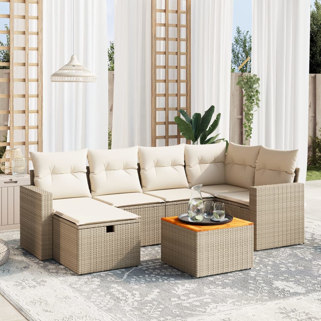 vidaXL 7-tlg. Garten-Sofagarnitur mit Kissen Beige Poly Rattan