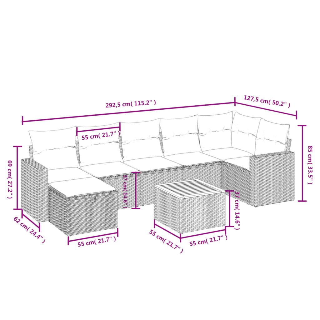 Set mobilier de grădină cu perne, 8 piese, negru, poliratan 3264843 - imagine 4