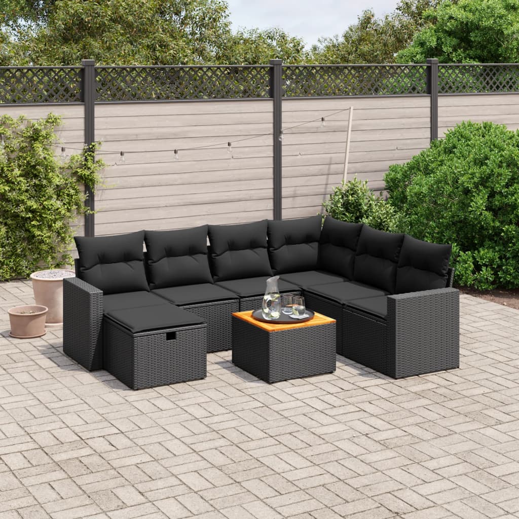 vidaXL 8-tlg. Garten-Sofagarnitur mit Kissen Schwarz Poly Rattan