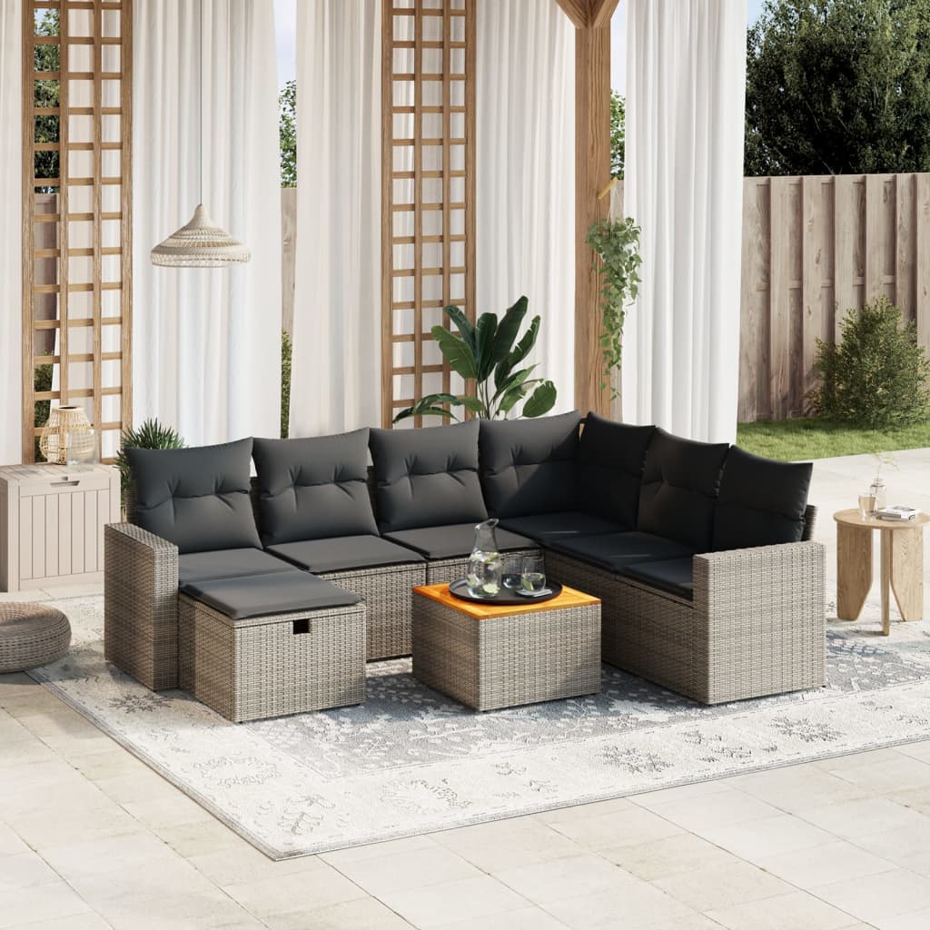 8-tlg. Garten-Sofagarnitur mit Kissen Grau Poly Rattan